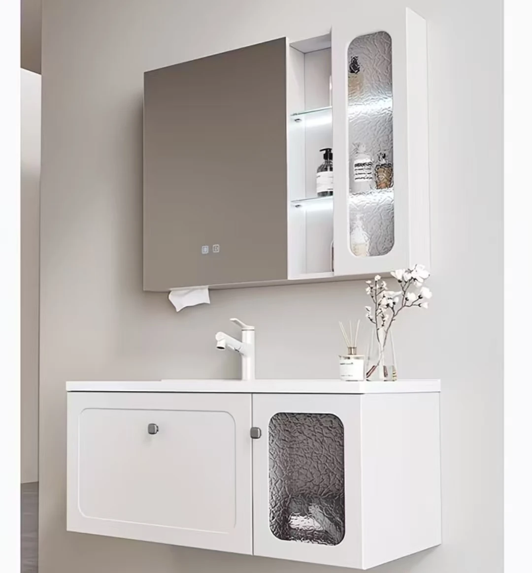 Modern Single Ceramic Sink Bathroom Vanity Set Hot Floating 2 Drawers Open Floor Mounted MDF Cabinet Lacquer Mirror Wooden Steel
