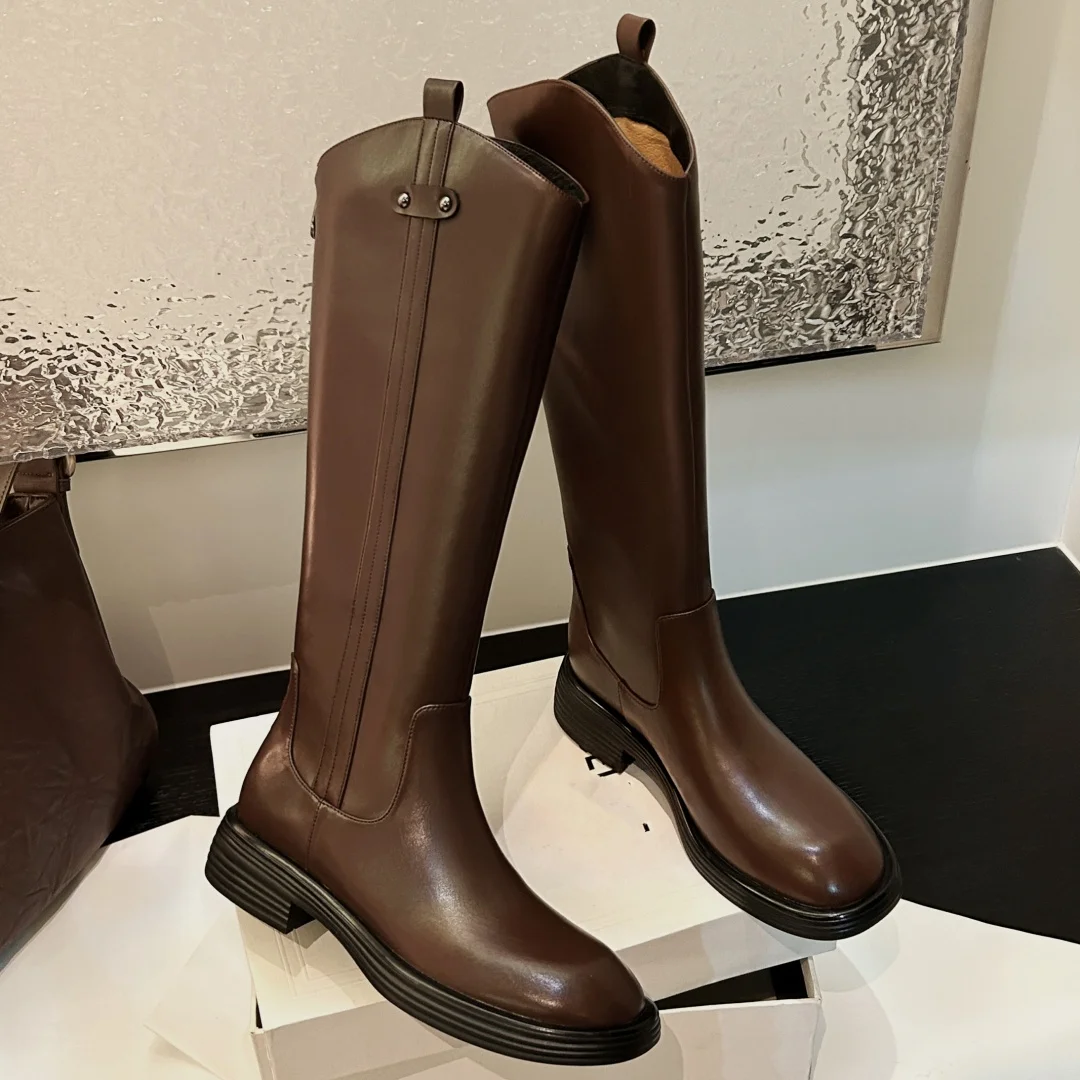 Женские осенние рыцарские сапоги до колена из натуральной кожи с круглым носком и молнией сзади, повседневные женские мягкие удобные длинные сапоги