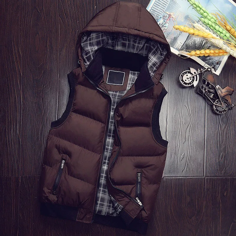 Men's Puffer Sleeveless Winter Coats Contrast Color Hooded Down Cotton Vest Jackets Thick Warm Windbreaker Waistcoat Clothing view 4