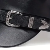 Fashion Women Large Belt Buckle Leather Hat Spring Autumn Sailor Hats Black Ladies Beret Caps Men Flat Top Captain Military Caps 3