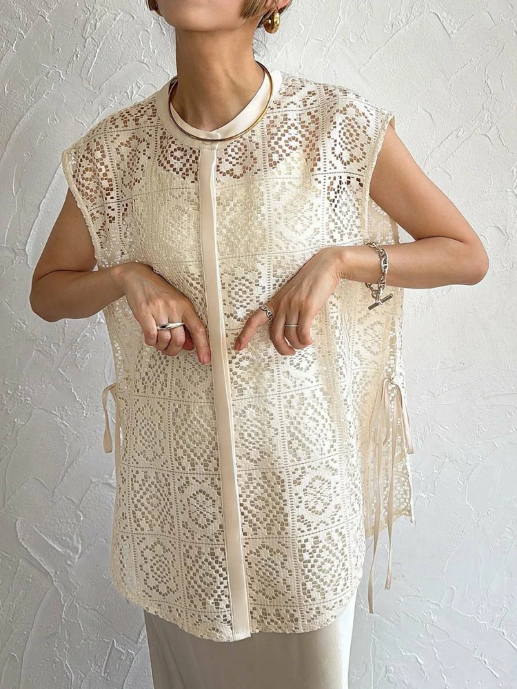 

Stylish Solid Color Loose Commute Tops Women Single Breasted Elegant Long Sleeve Blouse Sexy O-neck Lace Hollow Out Party Shirts