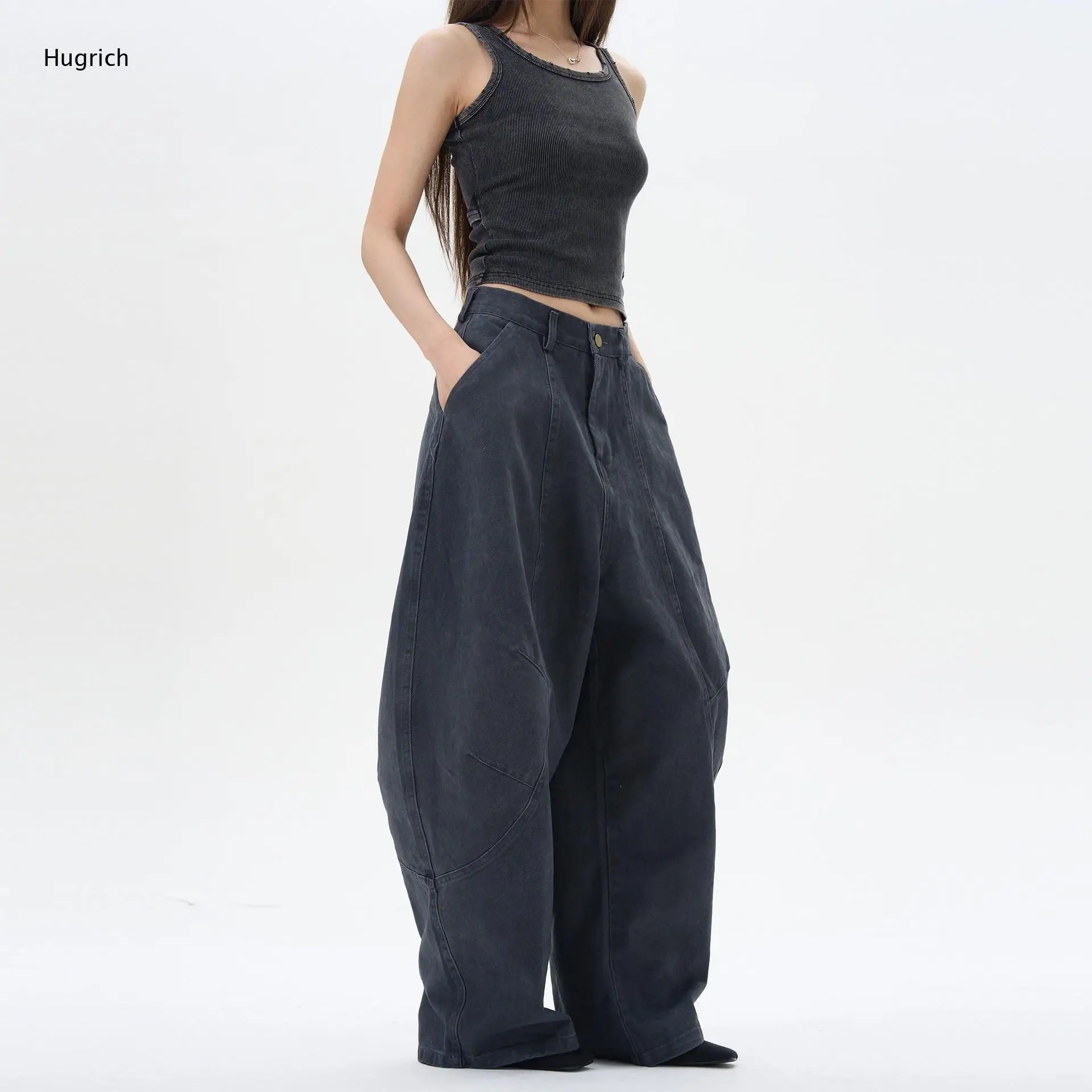 Women's Vintage Washed Wide Leg Cargo Pants - High Waist Loose Fit Denim Trousers with Gradient Color for Casual Streetwear