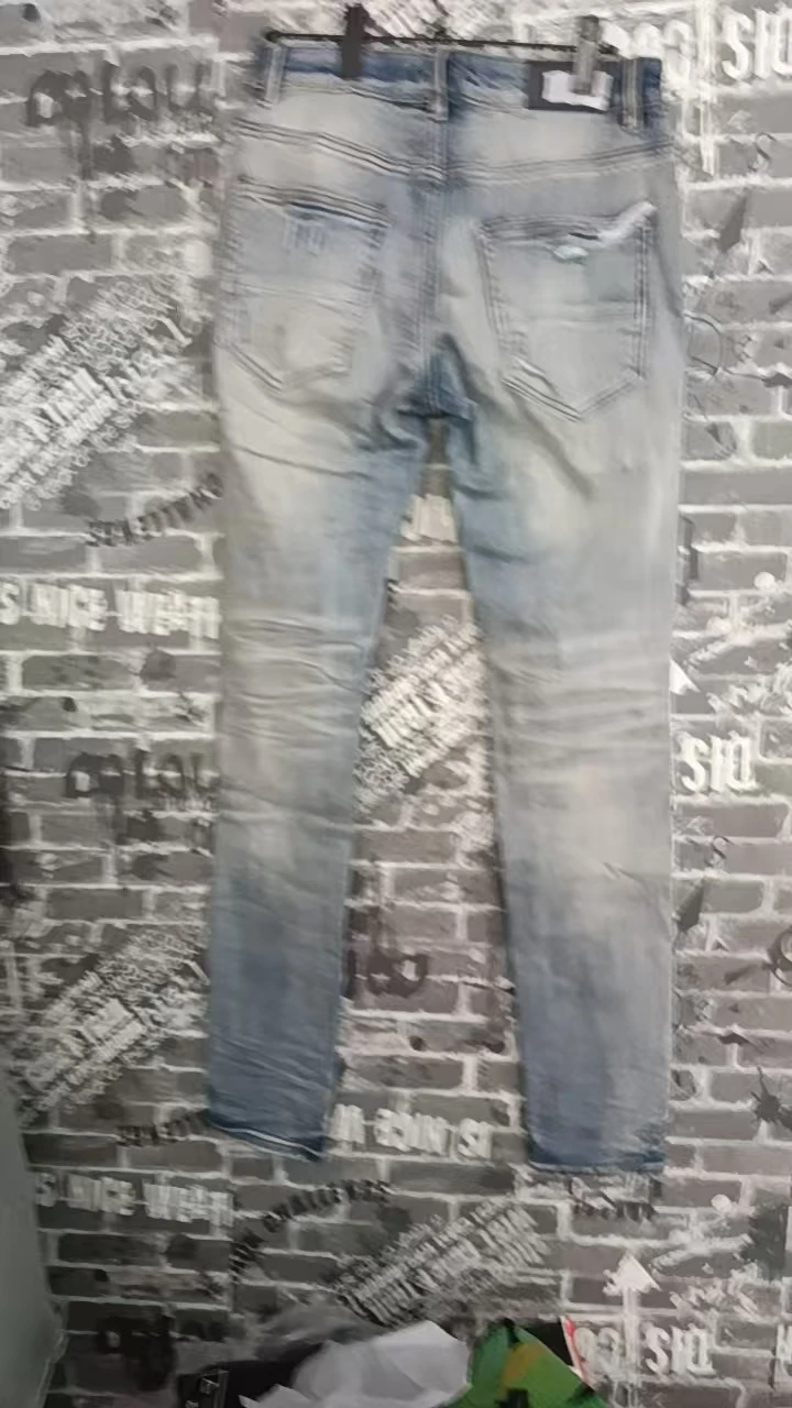 American designer's new fashionable men's jeans, color blocked black patch elastic slim fit retro light blue tapered jeans