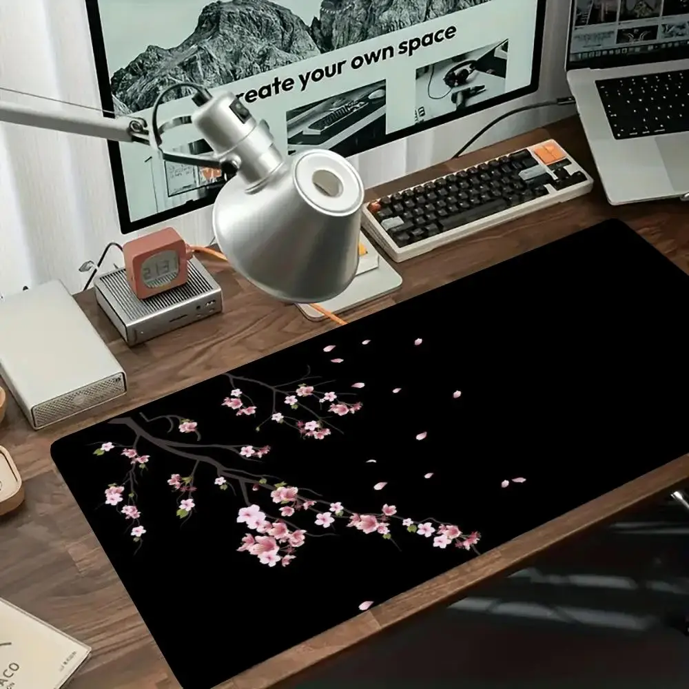 Black Plum Blossom Branch Table Mat Stitched Edges Non Slip Base Play Mat For Chinese Style Decor
