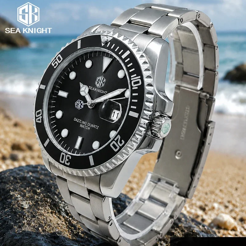 SEA KNIGHT Luxury Mens Quartz Watch Stainless Steel Watch Waterproof Calendar Luminous High Quality Man Fashion Watch Cloc