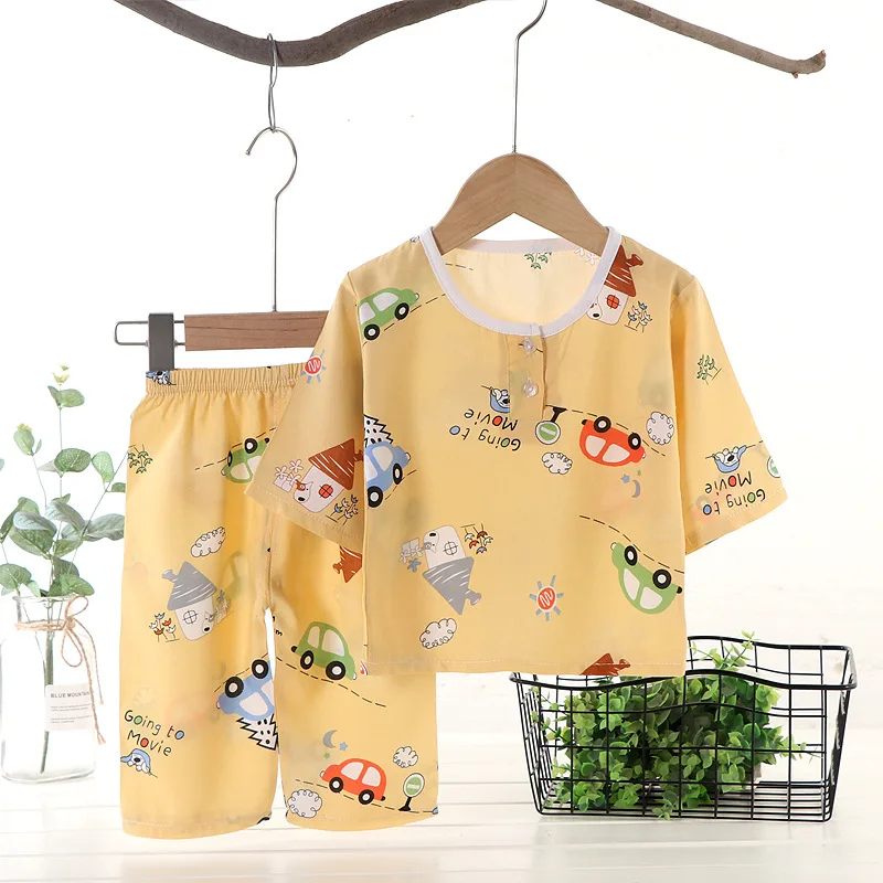 2023 New Children\'s Summer Pajamas Boys Girls Cotton Silk Three-quarter sleeve Suit Baby Thin Section Clothes Kids Home Clothe