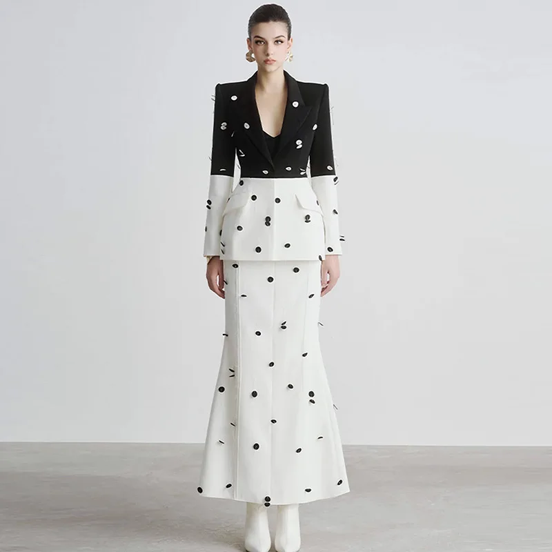 Hit Color Two Piece Set For Women Notched Collar Long Sleeve Blazer High Waist Slim Skirt Spliced Dot Sets Female