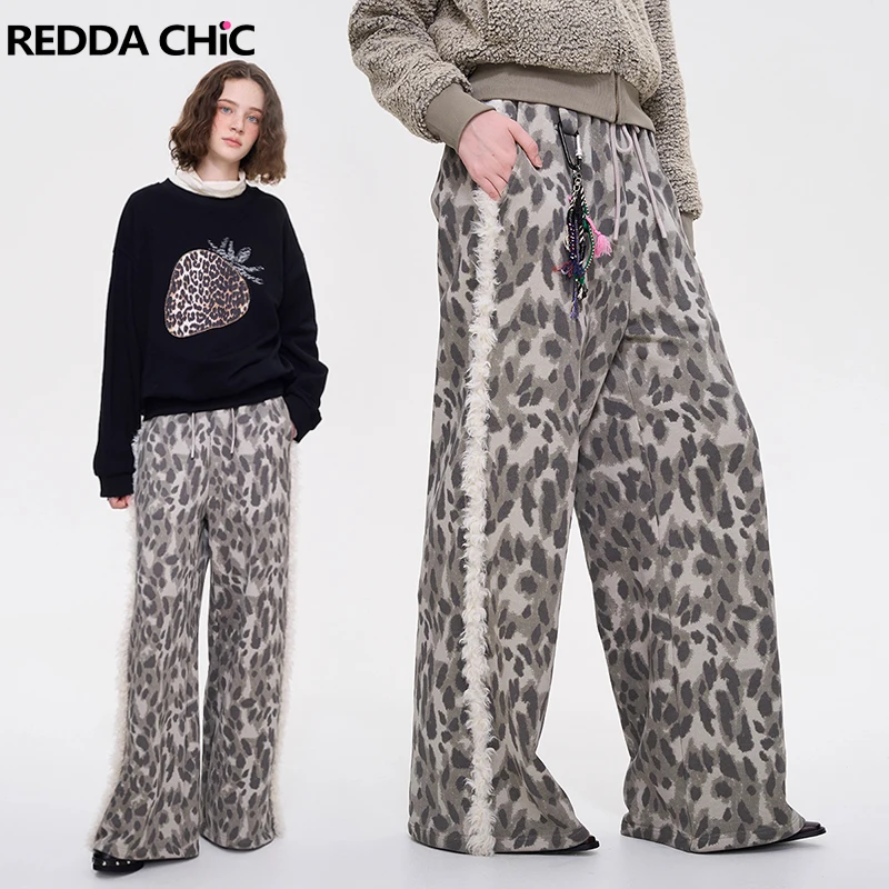 

REDDACHiC Women Leopard Print Sweatpants Faux Fur Trim Wide Leg Pockets Drawstring Waist Lounge Pants Retro Harajuku Streetwear