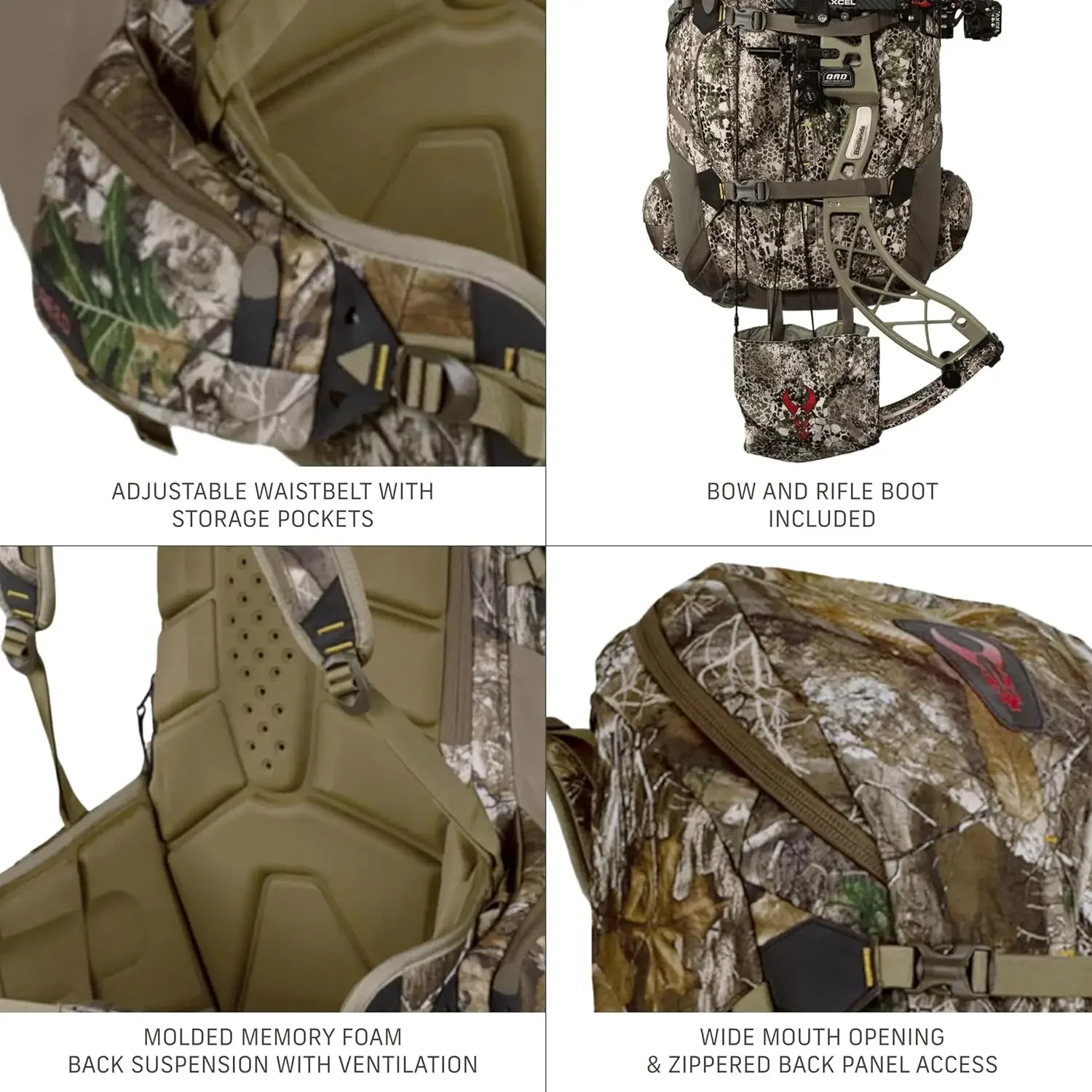 Mochila de caza con marco interno, lleva rifle o arco, paquete compatible con hidratación, camuflaje Realtree Edge