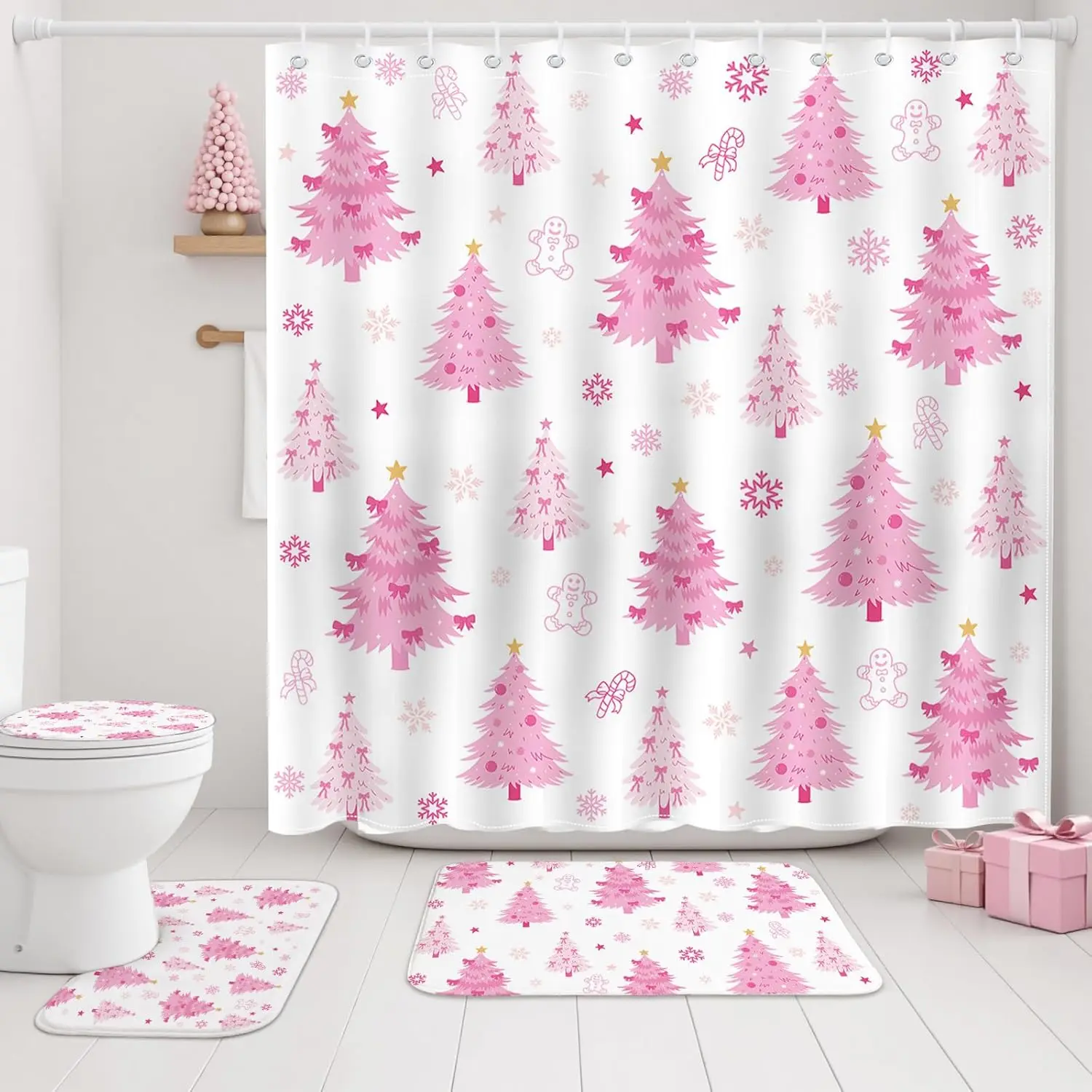 4pcs Set Tirai Kamar Mandi Natal Motif Pohon Natal Pink Lucu dengan Keset Kamar Mandi Anti Selip yang Dapat Dicuci, Penutup Tutup Kloset
