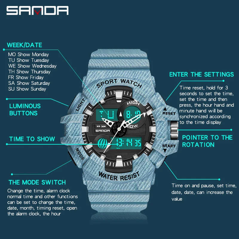 SANDA-Reloj deportivo para hombre y mujer, cronógrafo con pantalla Dual LED HD, alarma, resistente al agua, 2023