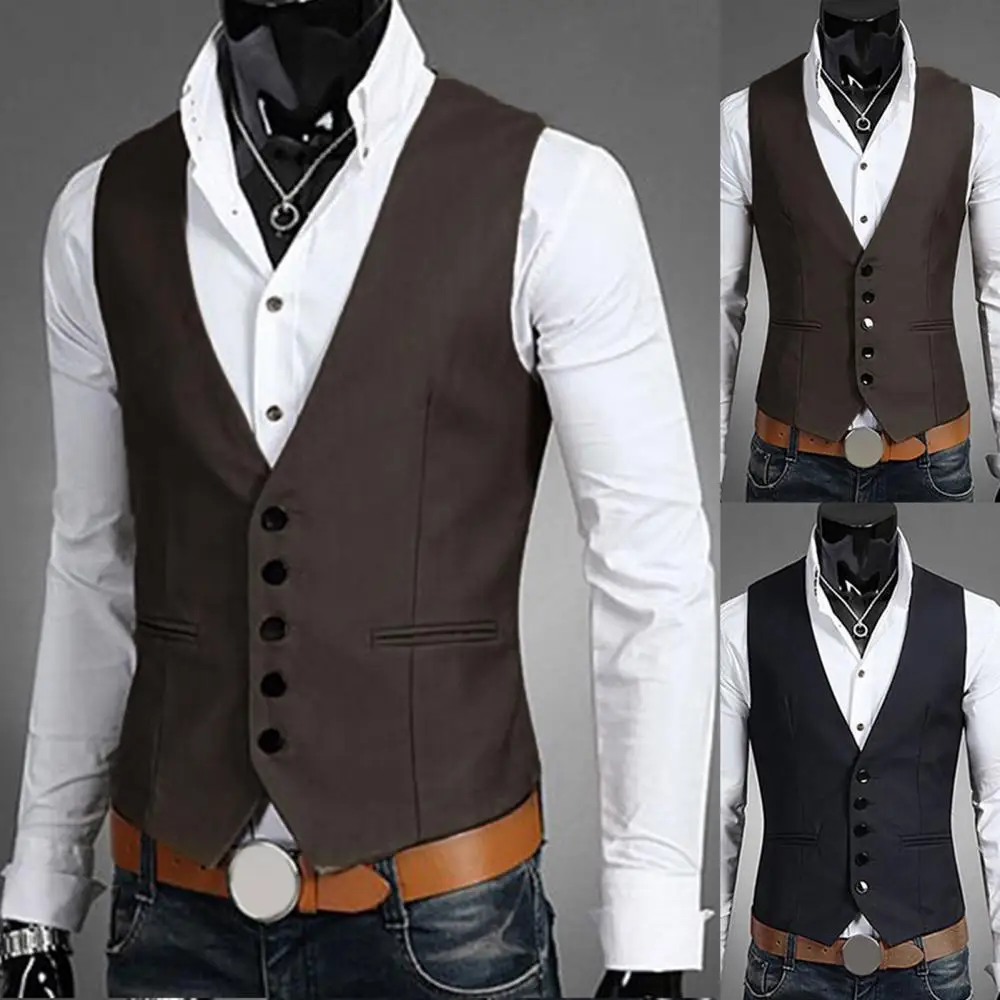 Business Men Solid Color V Neck Button Pocket Sleeveless Slim Vest Waistcoat