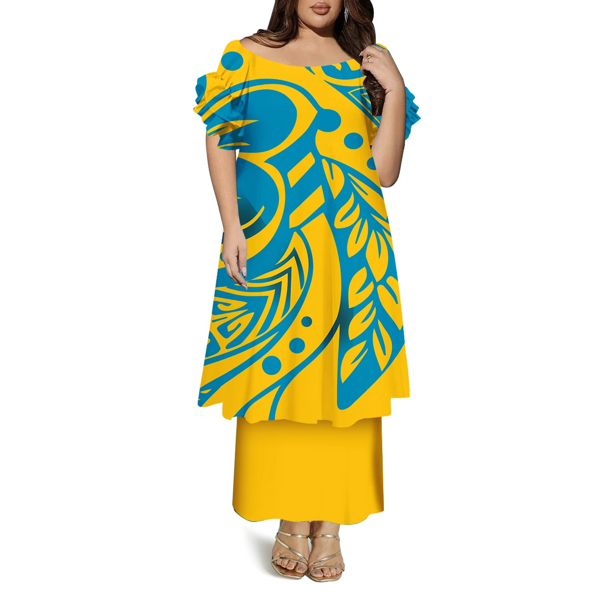 Vestido feminino polinésio casual personalizado de camada dupla com padrão em torno do pescoço mangas borboleta vestido de verão solto de alta qualidade