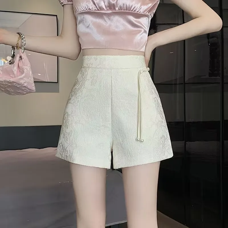 2025 Chinese Style Jacquard Satin Tassel Shorts High Waist Casual Short Ladies Shorts Office Lady Elegant Elastic Waist Short