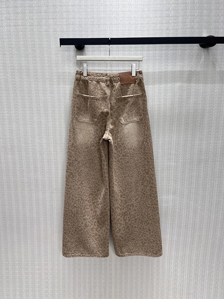 Spring Autumn Fashion Vintage Coffee Color Leopard Casual Jeans Women's Middle Waist Slim Multi Pocket Loose Wide Leg Trousers