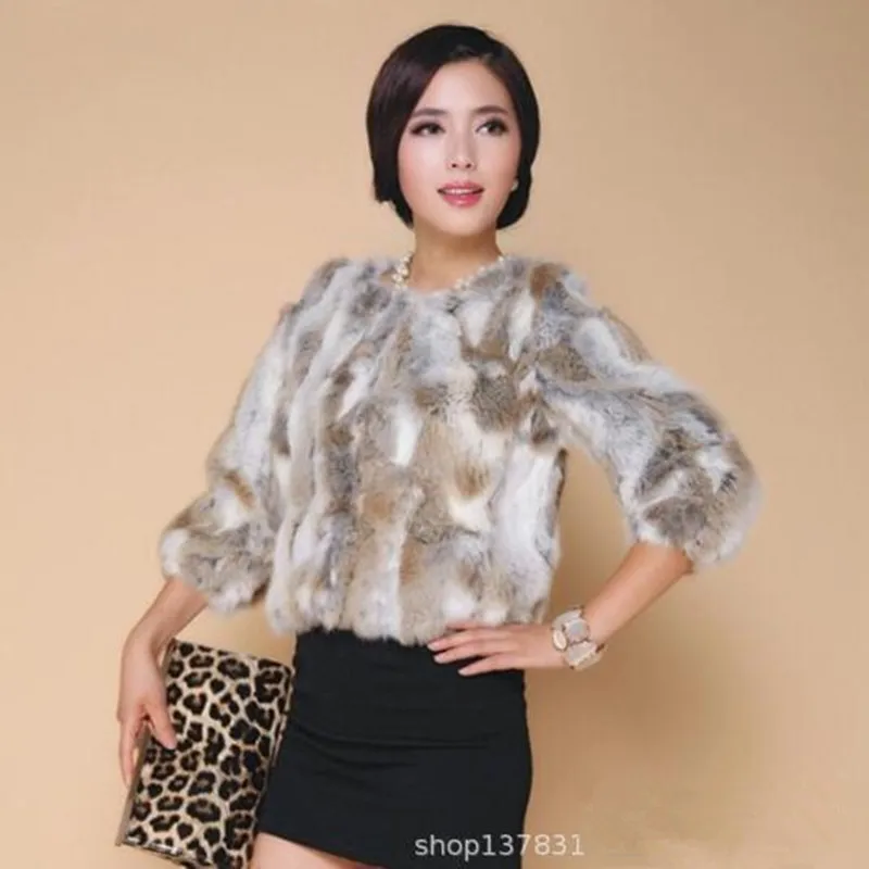 Autumn Winter Ladies' Genuine Rabbit fur coat women's seven-point sleeve short natural splicing Korean version top coat fur