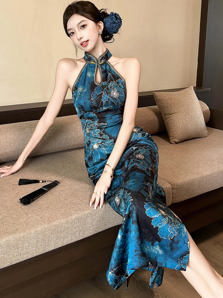 Sommerblaues Satin-Blumen-Chic, am Hals montiertes sexy langes Kleid für Damen, luxuriöses elegantes Abendkleid 2025, koreanisches Vintage-Festivalkleid