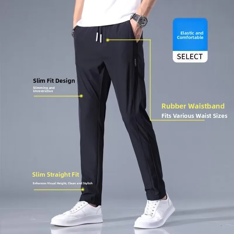 Ice Silk Men's Summer Casual Straight Leg Long Pants Elastic Thin Large Size Youth Versatile Loose Fit Sweatpants