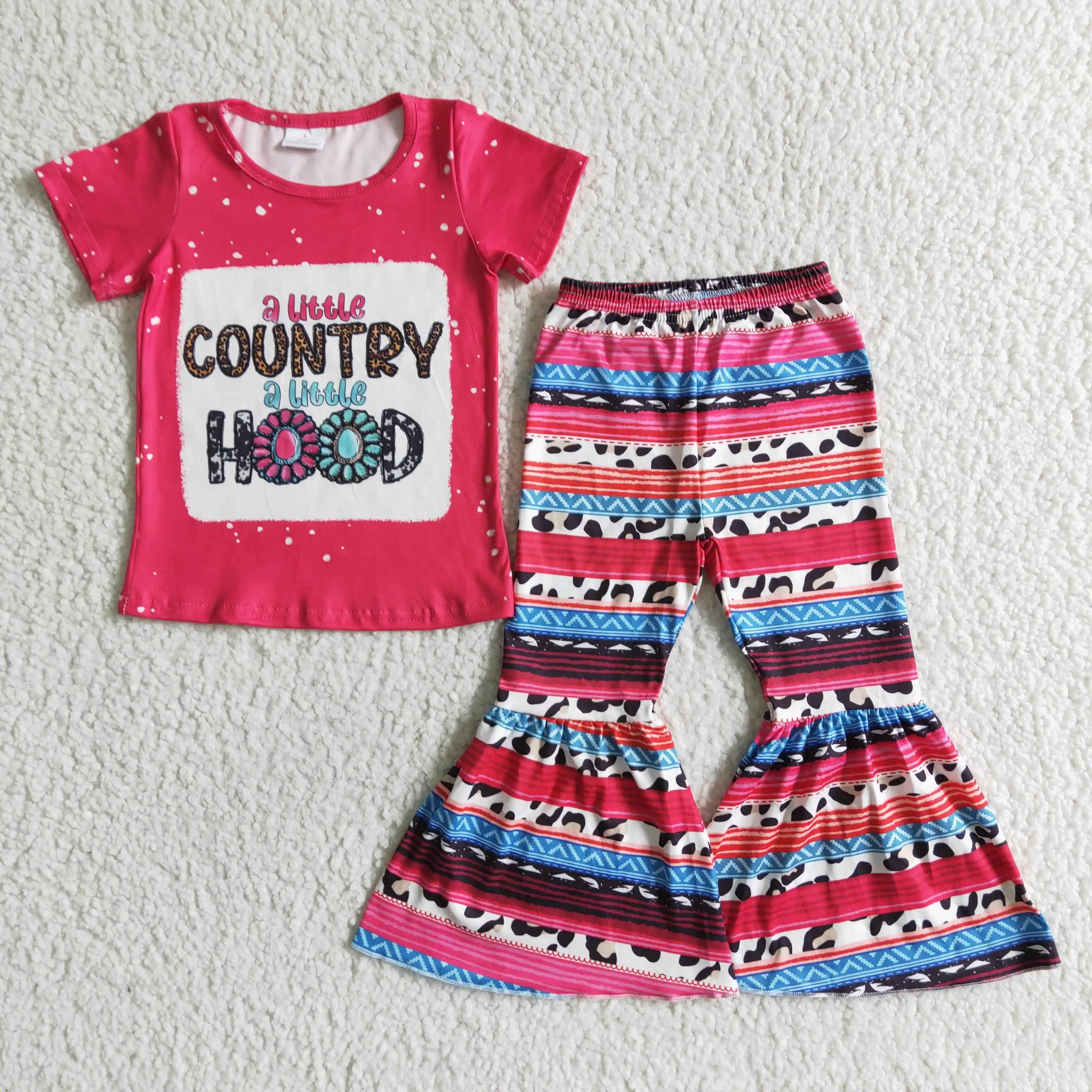 GSPO0001 Kids  Girls Summer Outfit  Sets Short Sleeves Top Country Hood Letters Print With Boot Cut Pant Children Clothes