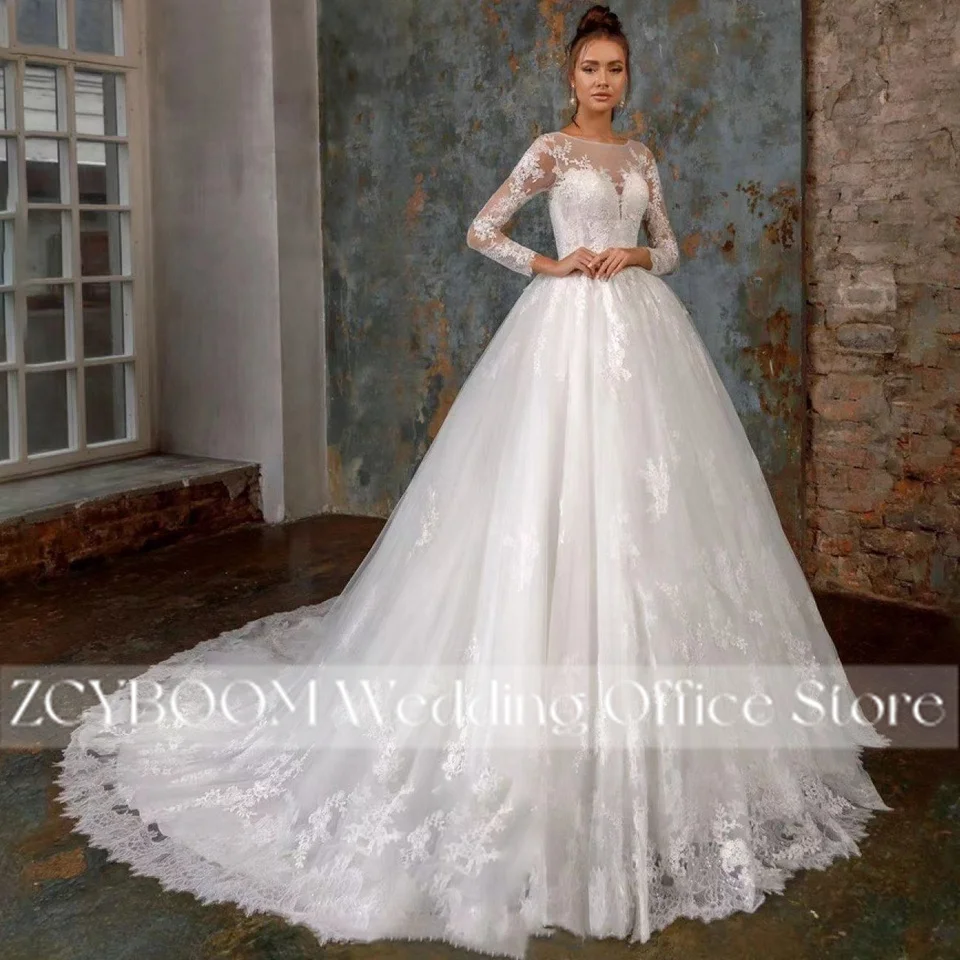 Wunderschöne lange Ärmel A-Linie Brautkleider für Frauen 2025, elegante Illusion, O-Ausschnitt, Tüll-Applikationen, Brautkleider, Vestido De Noiva