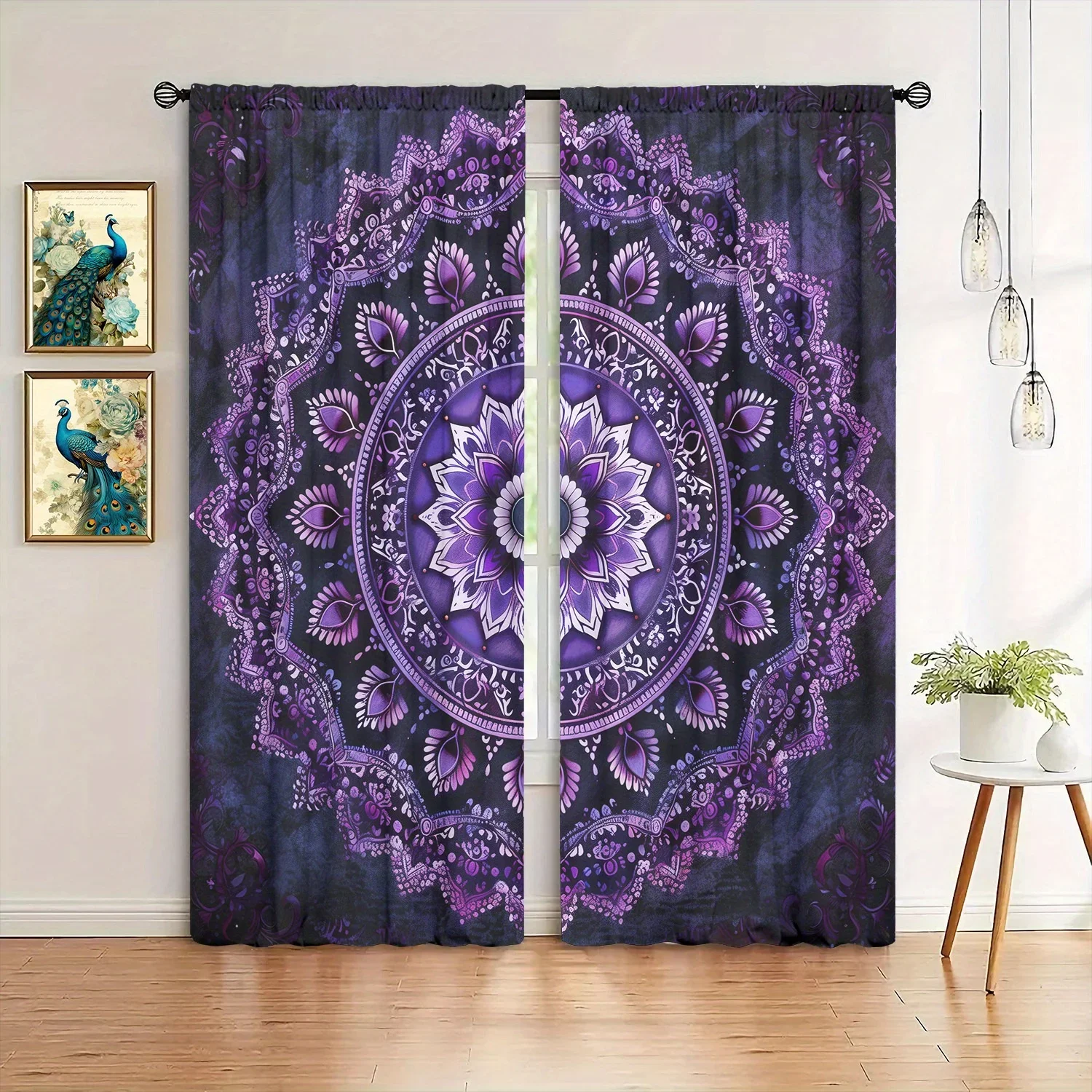 2pcs Purple Black Mandala Printed Curtain for Home Decor - Rod Pocket Window Treatment for Bedroom, Office, Kitchen, Living Room