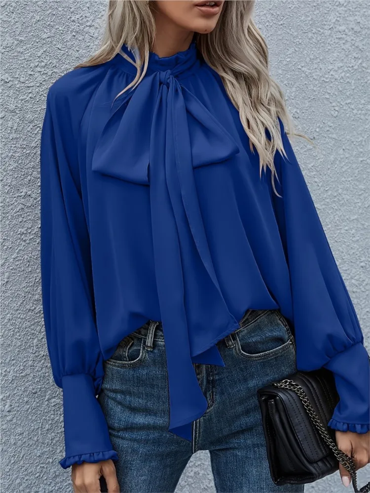 ربيع الخريف المرأة موضة جديدة عالية الياقة ربطة القوس فيونكة فقاعة طويلة الأكمام عادية فضفاض تنوعا جولة الرقبة الأعلى #3