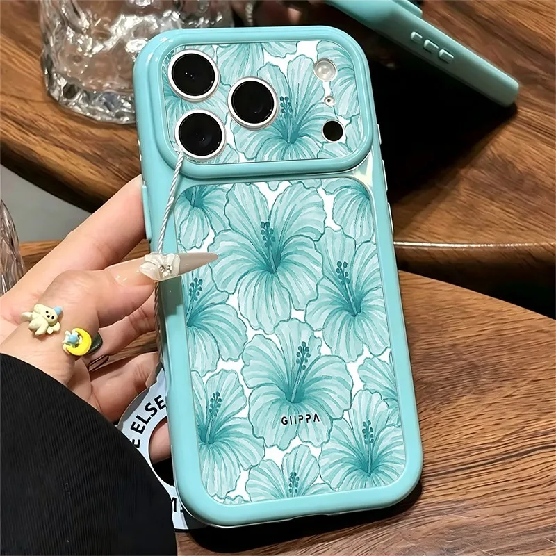 Watercolor Turquoise Hibiscus Floral Print Phone Case For iPhone 11-17 Series, Large Clear Window Shockproof Soft TPU Cover