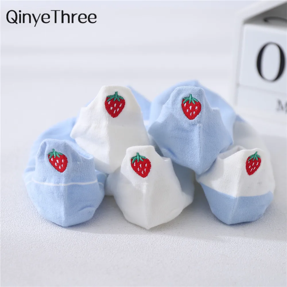 Kawaii Embroidery Strawberry Lovely Women Cotton Socks Fresh Literary Funny Light Blue White Striped Ankle Sokken Dropship