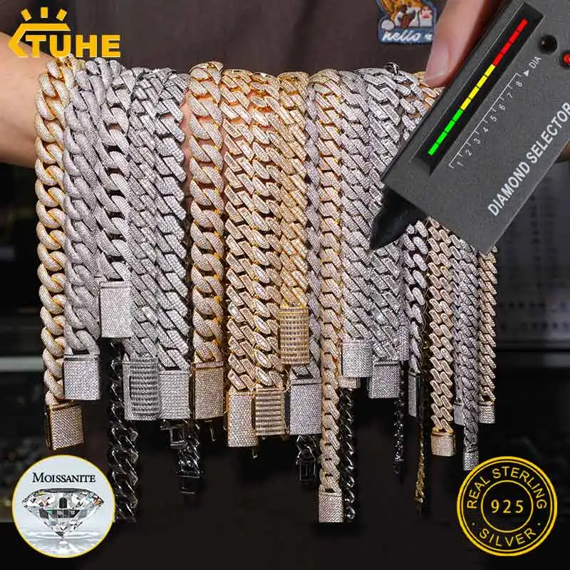TUHE Unisex D Color Moissanite Cuban Chain Necklace S925 Silver High Quality 6MM-20MM Cuban Link Chain Men Hip Hop Jewelry Gift