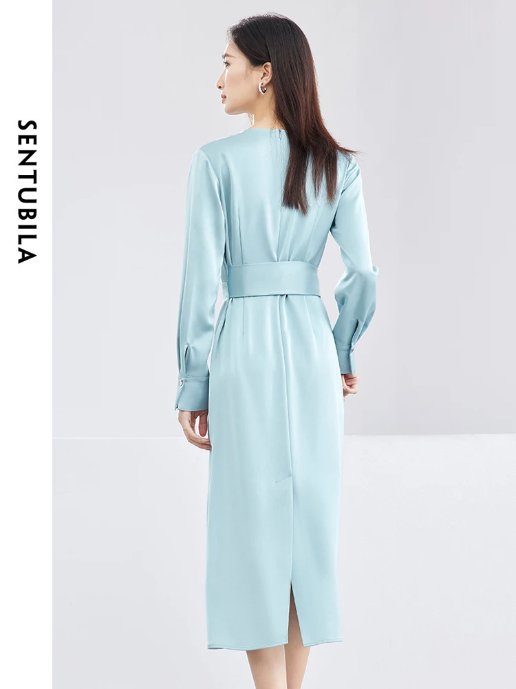 SENTUBILA Tie Belted Satin Midi Dress for Women 2024 Spring Fashion Elegant Lady Blue Long Sleeve V-neck Split Dresses 141L52625