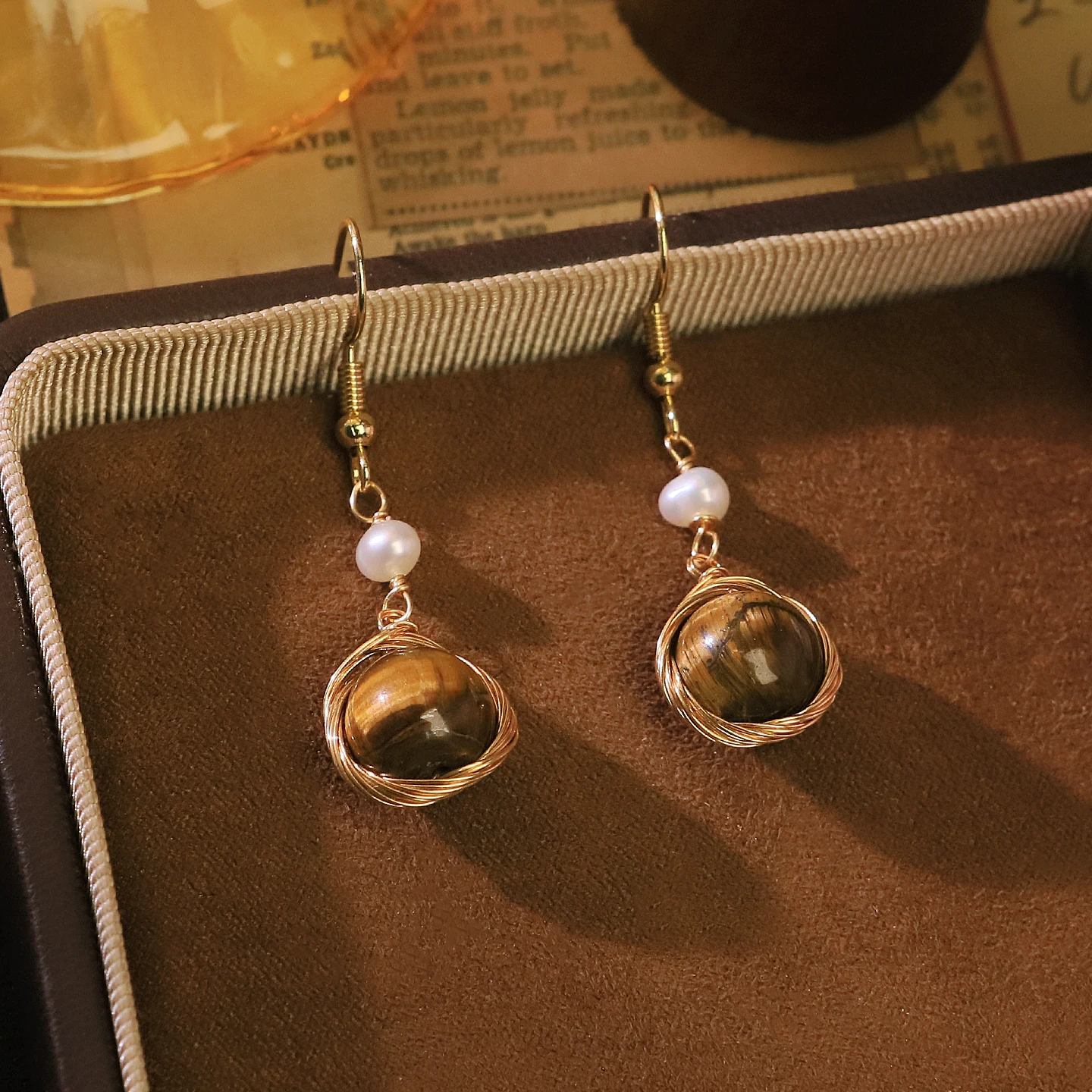 Genuine Freshwater Pearl Tiger's Eye Dangle Earrings for Women Daily Office Party Unique Gift Boho Pearl Earrings Vintage Jewelr