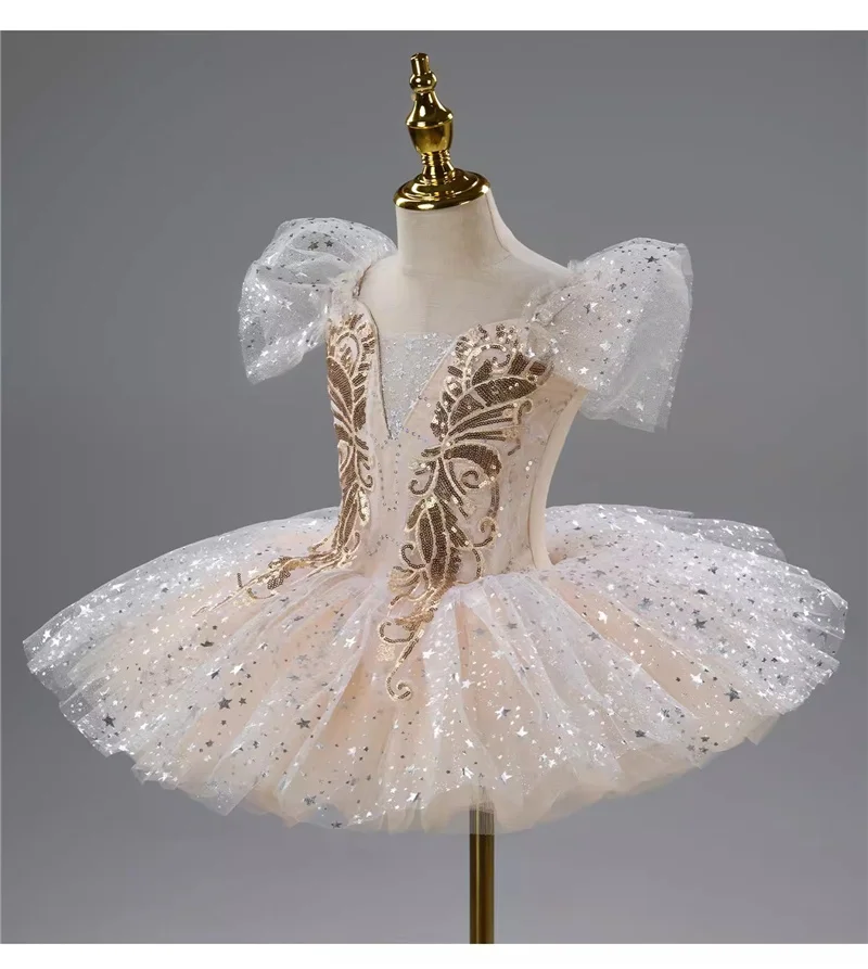 Romantisches Kinder-Ballett-Tutu-Kleid Mädchen-Tanzrock Goldener Pailletten-Ballettrock Aufführungskleidung Kinder Langes Prinzessinnenkleid – Detail 3