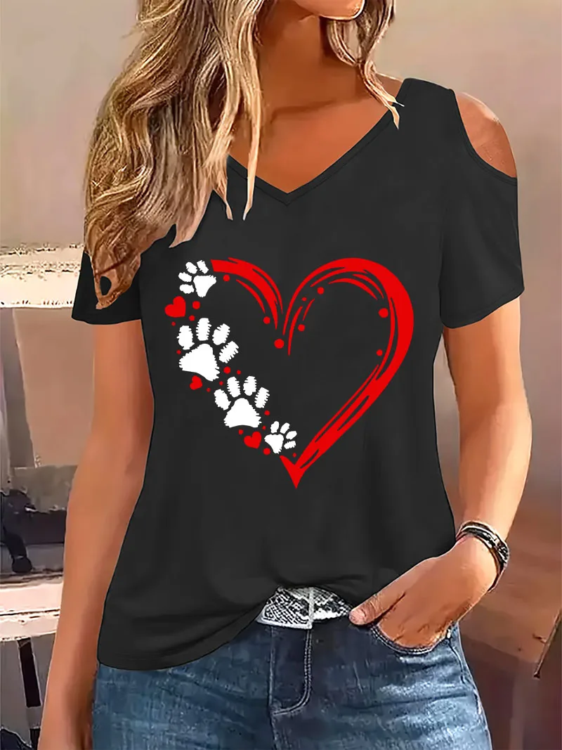 Colorful Heart Dog Paw Graphic Print T-shirt Short Sleeve Graphic V Neck T Shirt Casual Top Summer Women's Clothing Shirt