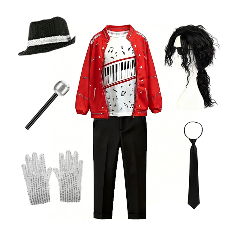 Jungen Pop-Musik Superstar Cosplay Outfit Rote Jacke Klavier-Print T-Shirt Hose Kinder Halloween Show Sänger Kostüm – Detail 8