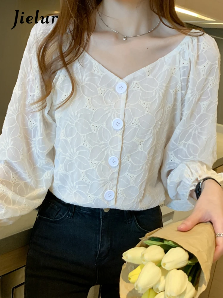 

Jielur Spring Women Apricot White Blouse Shirt Women Tops Long Sleeve V-Neck Blouse Women Blusas Mujer De Moda 2022 Blouses