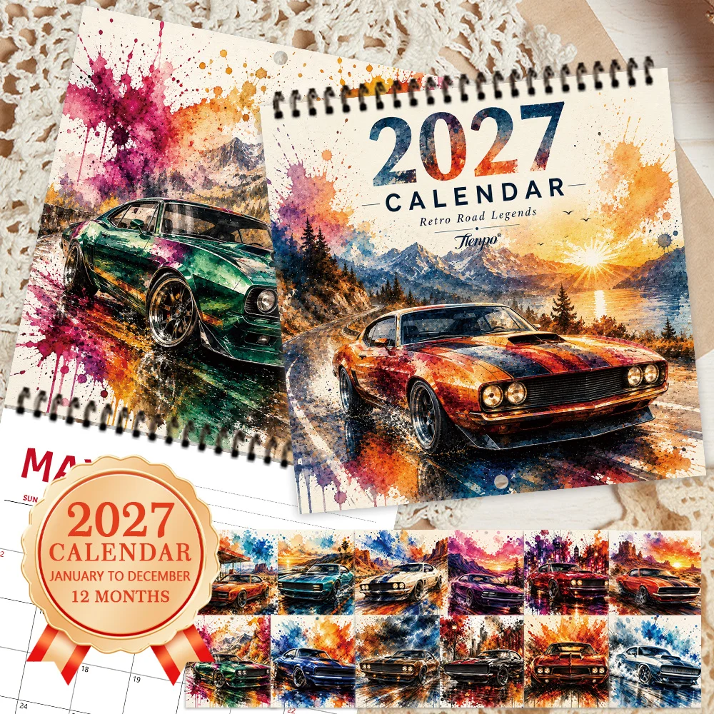 1pc 2027 Trendy Watercolor Car Wall Calendar,12‑Month Planner,Gift For Back‑to‑School,Christmas,New Year,Free Stickers Included