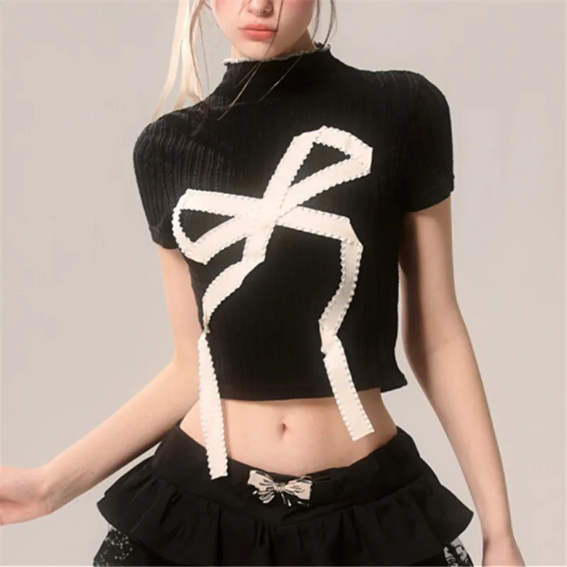 2024 New Summer Cardigan Sweet Spicy Butterfly Bow Knot Short Sleeved T-Shirt With High Collar Knitted Short Top For Women