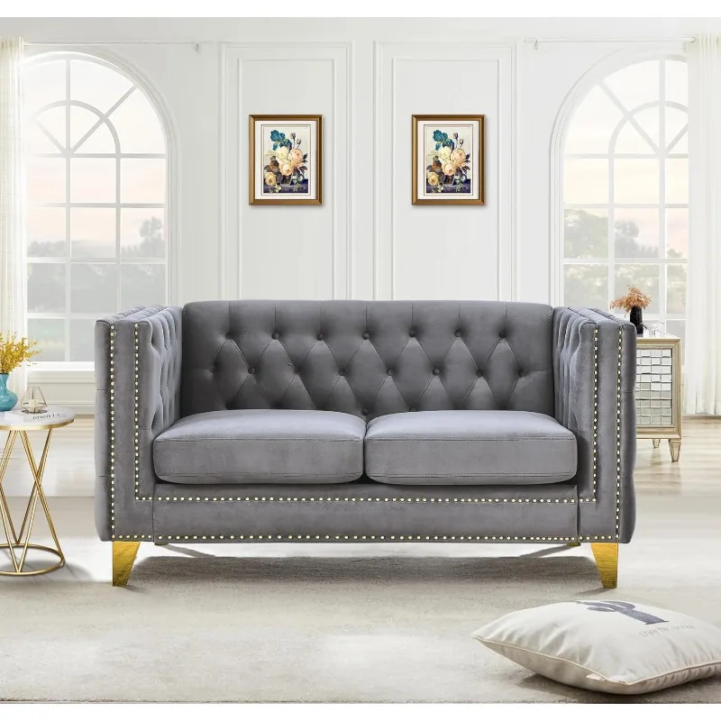 

58-Inch Velvet Loveseat Sofa, Comfy Couch for Living Room, Modern Sofa with Tufted Back and Rivet Decoration, Upholstered Small