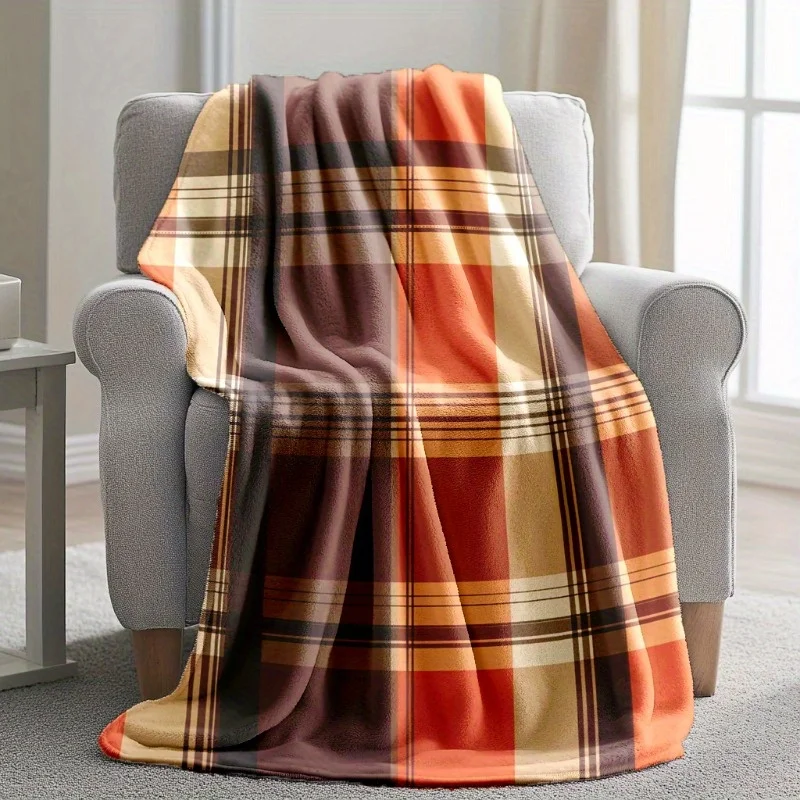 1 Stück Herbst-Erntedankfest-Fleece-Überwurfdecke in Orange mit Karomuster, perfektes Geschenk für die Herbstsaison und rustikale Heimbegeisterte