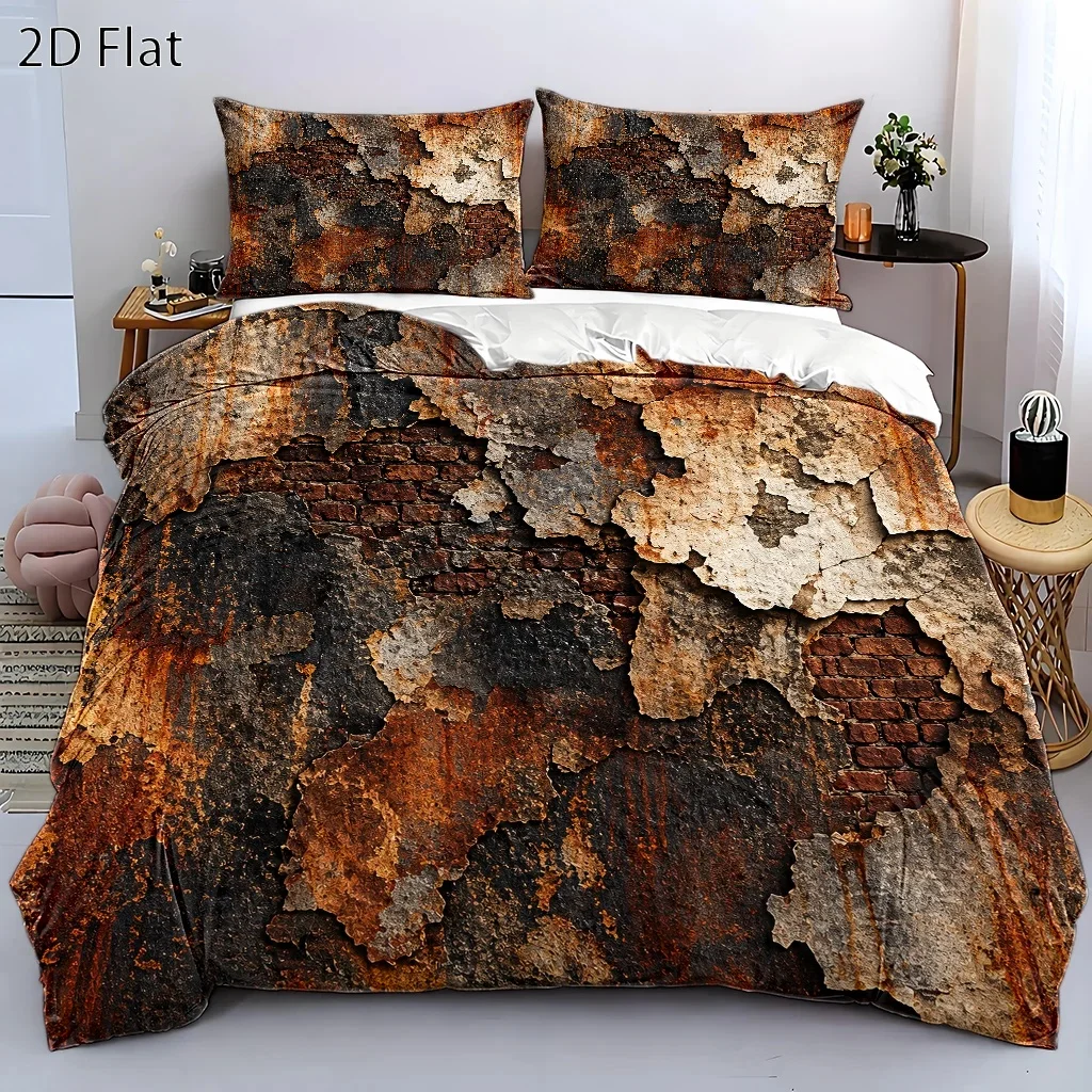3-Piece Industrial-Style Mottled Brick Wall Print Duvet Cover Set, Three-Piece Bedding Set (1 Duvet Cover + 2 Pillowcases), Suitable for All Seasons, Machine Washable, Invisible Zipper Design, Large Double Bed Cover Set, Suitable for Home, Dormitory, Master Bedroom, Guest Room, Vintage Distressed Wall Pattern Bedding Set, Hot-Selling Washed Cotton Texture Duvet Cover Set, Personalized Artistic Wall-Pattern Bedding Set