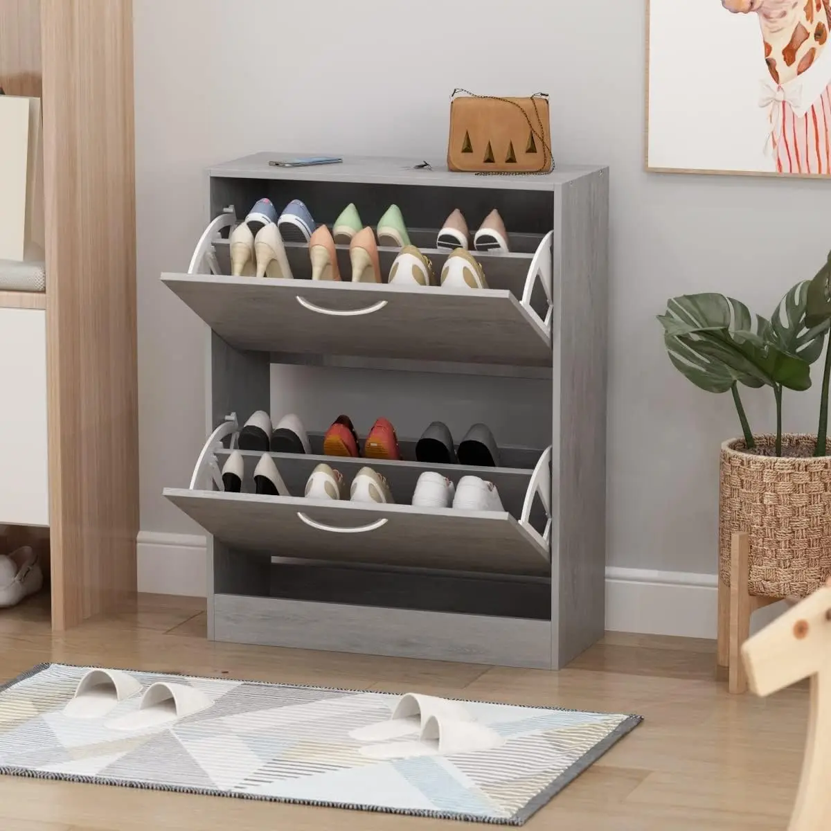 

Grey Wood 12-Pair Shoe Storage Cabinet W/ 2 Fold Drawers Modern Contemporary Scandinavian MDF Matte Hidden Includes Hardware