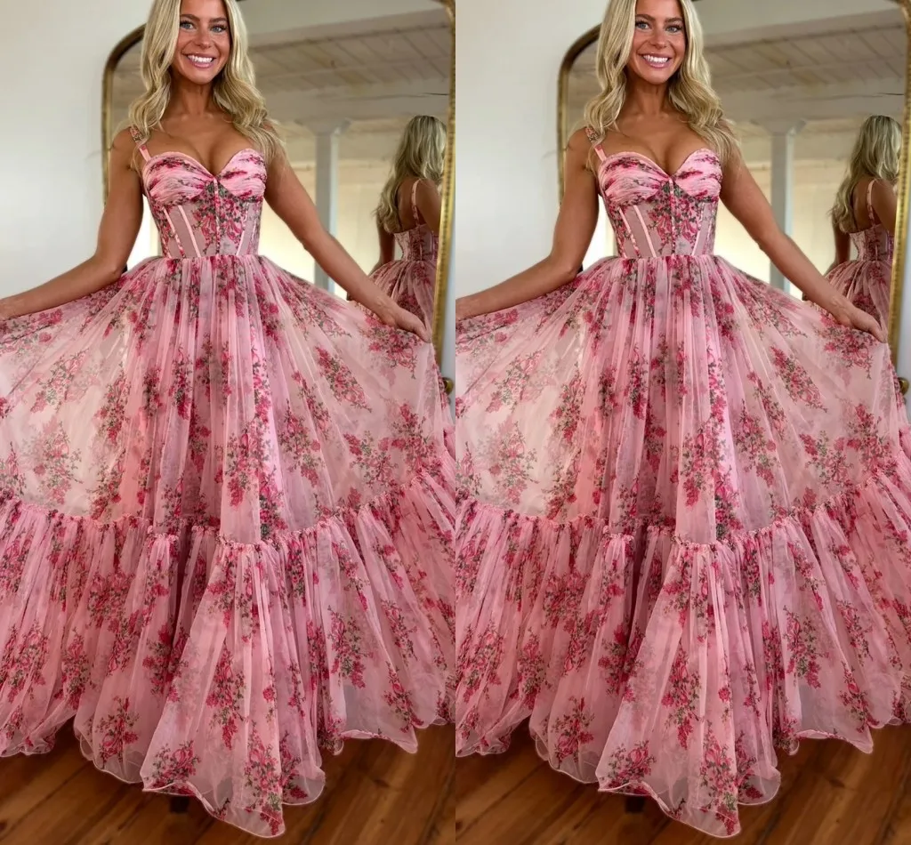 New Pink Prom Birthday Dress 2026 Spaghetti Strap Floral Print Draped A-line Evening Formal Party Gowns Vestidos De Feast