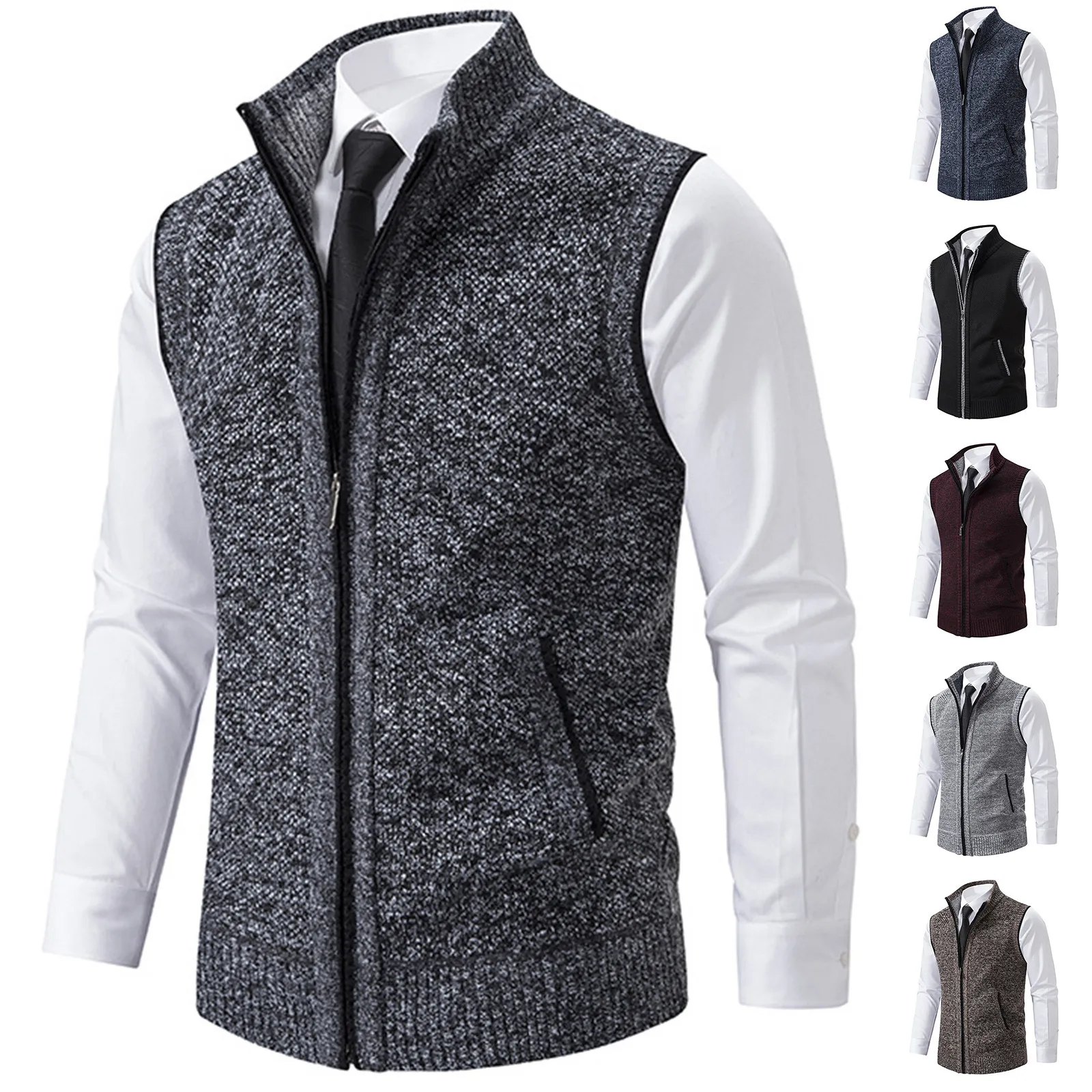 Heren Wollen Trui Vest Herfst Winter Fleece Warm Casual Rits Kasjmier Mouwloos Effen Kleur Trui Gebreid Vest Herenkleding