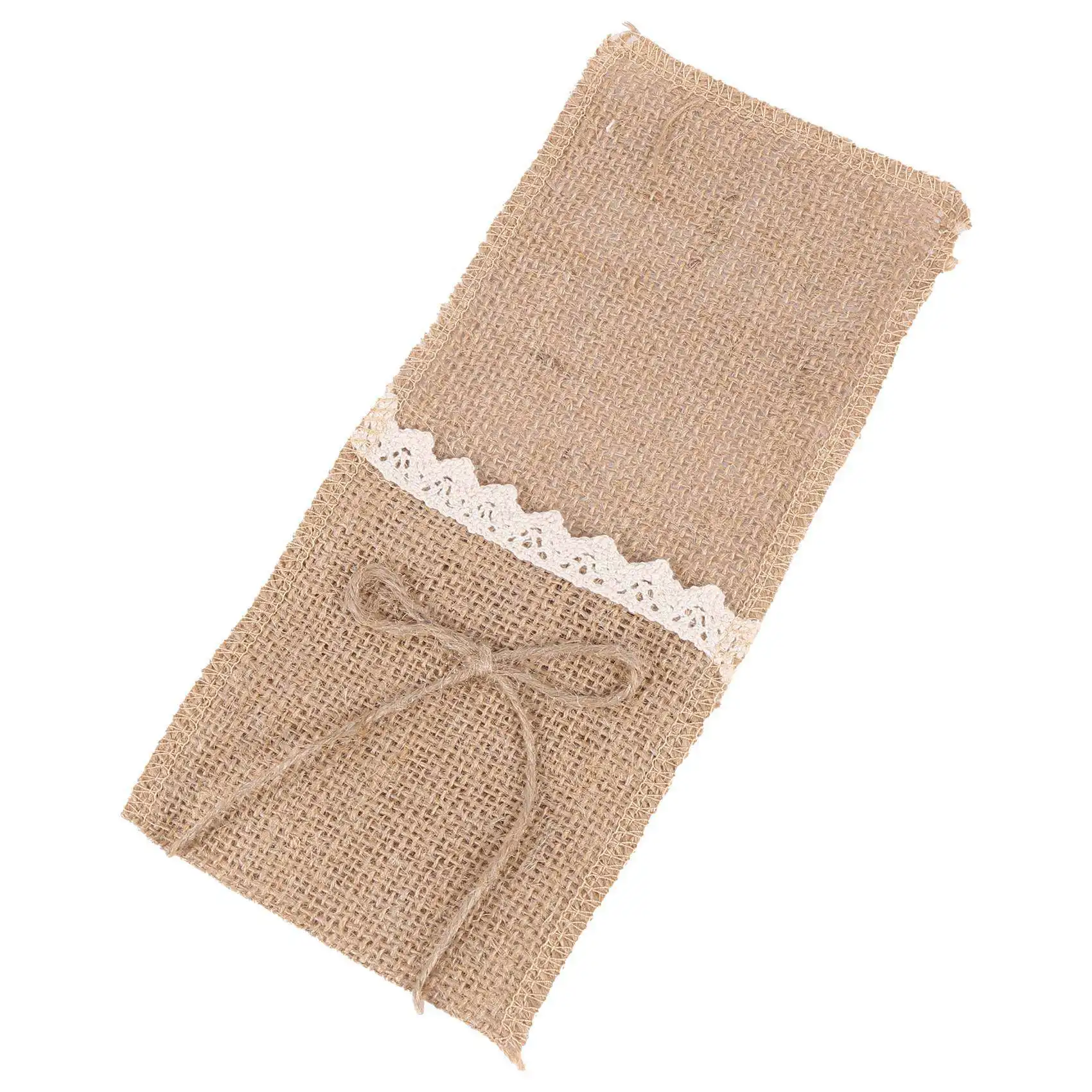 ABJI-40PCS 컨트리 웨딩 테이블 은식기 홀더 천연 삼베 칼붙이 포켓 포크 포켓 소박한 웨딩 장식