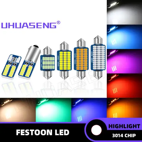 UHUASENG 12V 24V C5W Led C10W 전구 T10 W5W BA9S 꽃줄 28mm 31mm 36mm 39mm 41mm 31mm 램프 레드 블루 핑크 따뜻한 화이트 자동차 라이트