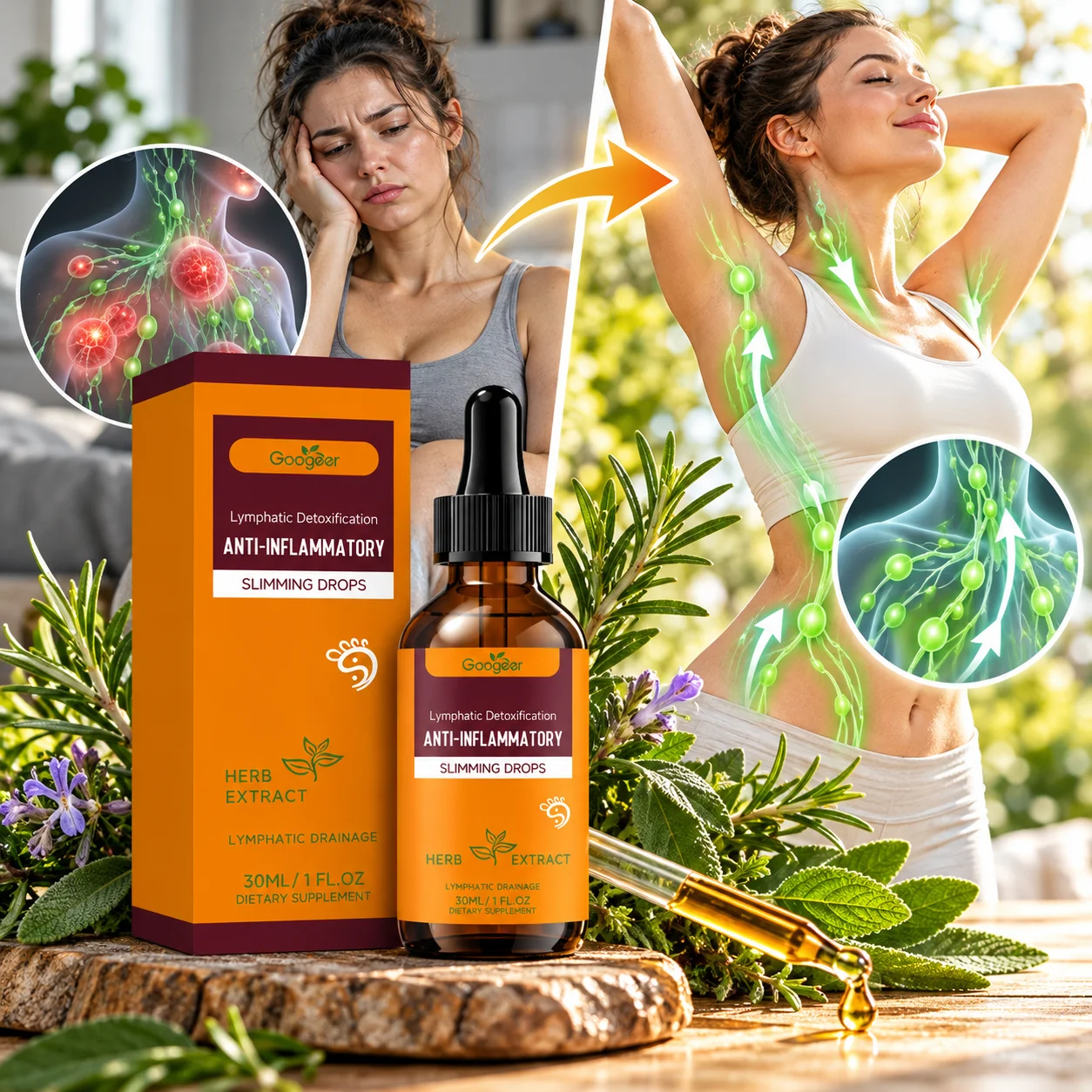 Lymphatic Drainage Drops for Lymph Circulation & Daily Fluid Balance, Rosemary Sage 20+ Herbal Blend, Fast-Absorbing Drops, 30ml
