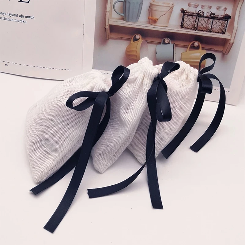 50pcs Jewelry Cotton Gift Bag with Black Ribbon 9x12cm Wedding Birthday Party Candy Pouch Jewelry Packaging Display&Pouches