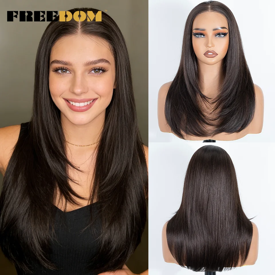 FREEDOM Synthetic Lace Front Wigs For Women 18 Inch Straight Ombre Brown Blonde 13x3 Layered Lace Wig Pre-plucked Cosplay Wigs