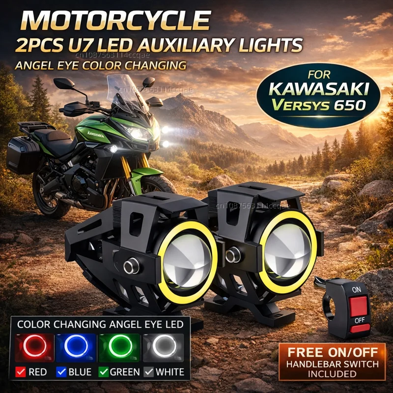 Waterproof Motorcycle LED Headlight 3000LMW U7 Motorbike LED Driving Fog Spot Light with Switch For KAWASAKI VERSYS 650
