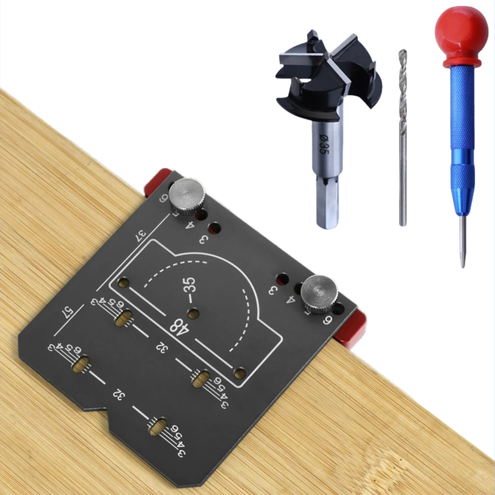 Hinge Hole Drilling Guide with 35mm Hole Opener and 2mm Drill Bit Woodworking Punch Opener Locator Concealed Hinge Boring Jig